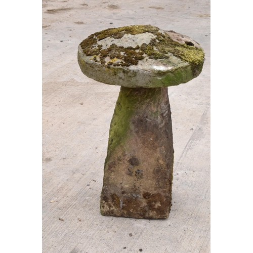 323 - Antique sandstone staddle stone with top. Approx 80cm tall and 53cm diameter.