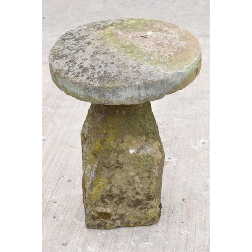 324 - Antique sandstone staddle stone with top. Approx 80cm tall and 58cm diameter.