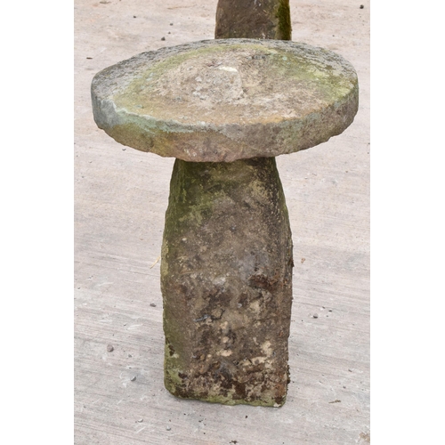 324 - Antique sandstone staddle stone with top. Approx 80cm tall and 58cm diameter.