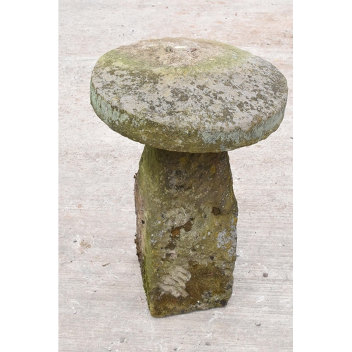 324 - Antique sandstone staddle stone with top. Approx 80cm tall and 58cm diameter.