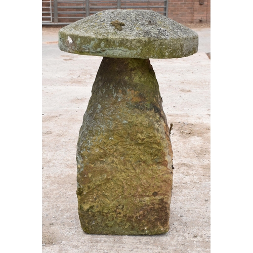 325 - Antique sandstone staddle stone with top. Approx 83cm tall and 51cm diameter.