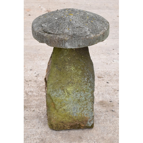 325 - Antique sandstone staddle stone with top. Approx 83cm tall and 51cm diameter.