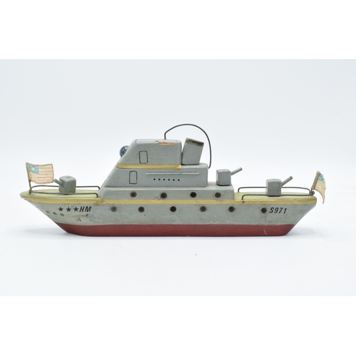 345 - Vintage 20th century scratch built model of a warship, 31cm long.