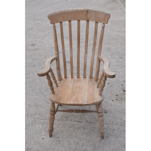 348 - High backed pine carver chair / farm house chair, 113cm tall.