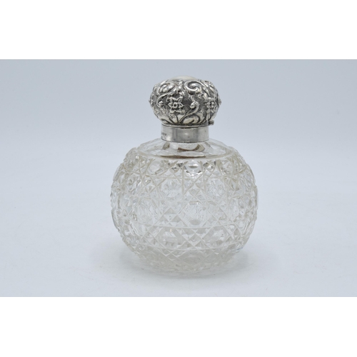 220B - Silver topped globular scent bottle Chester 1906 with stopper, 14.5cm tall.