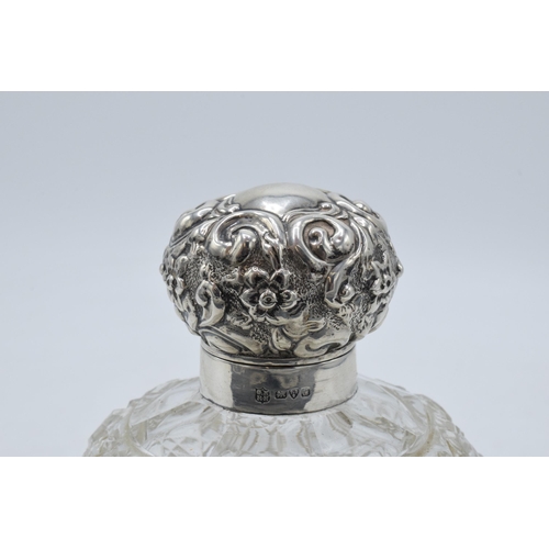 220B - Silver topped globular scent bottle Chester 1906 with stopper, 14.5cm tall.