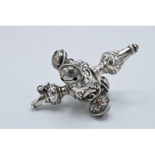 220D - Silver baby rattle and whistle, London 1900, missing handle. gross weight 20.7 grams.