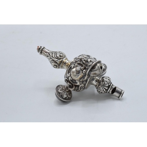 220D - Silver baby rattle and whistle, London 1900, missing handle. gross weight 20.7 grams.