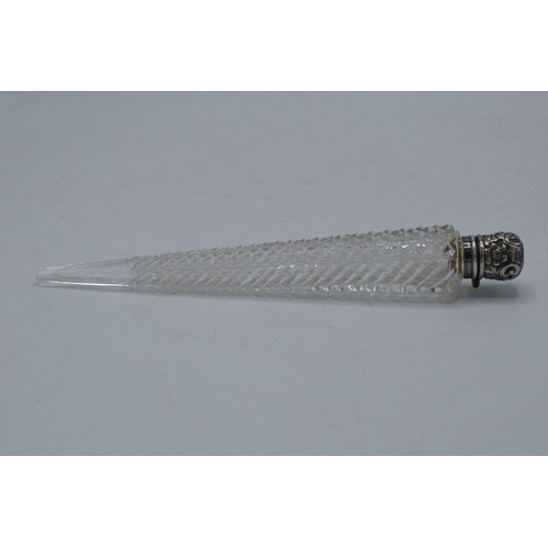 220J - Silver topped conical glass cone-shaped scent bottle, Birmingham 1908, 19.5cm long.