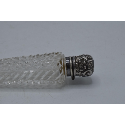 220J - Silver topped conical glass cone-shaped scent bottle, Birmingham 1908, 19.5cm long.