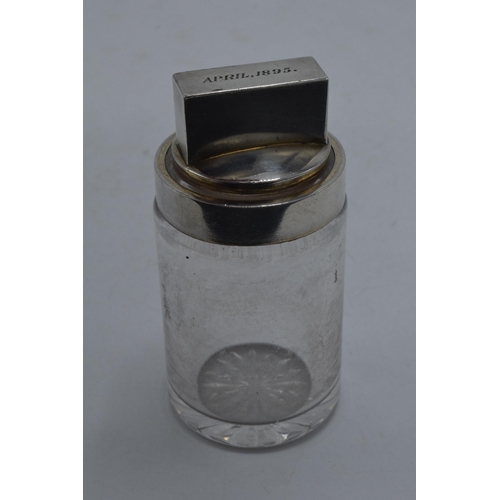 220V - Victorian silver topped glass scent bottle, Birmingham 1892, 9.5cm tall.