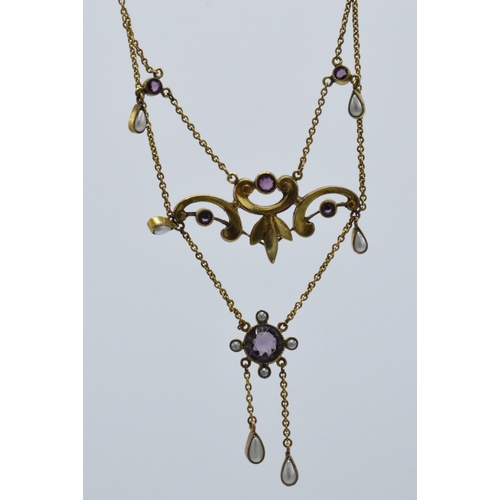 221K - Art-Nouveau filled gold pearl drop necklace,43cm long.