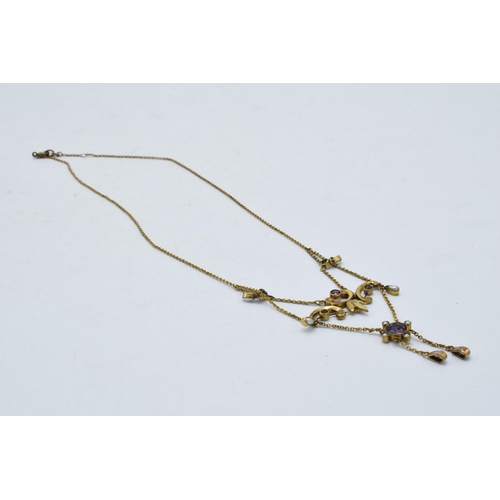 221K - Art-Nouveau filled gold pearl drop necklace,43cm long.