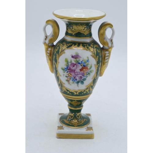 100 - Le Tallec twin-handled pedestal vase with floral painted decoration with green and gilt borders 'Des... 