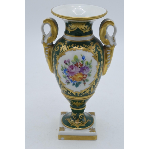 100 - Le Tallec twin-handled pedestal vase with floral painted decoration with green and gilt borders 'Des... 