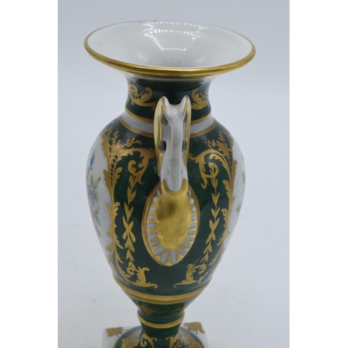 100 - Le Tallec twin-handled pedestal vase with floral painted decoration with green and gilt borders 'Des... 