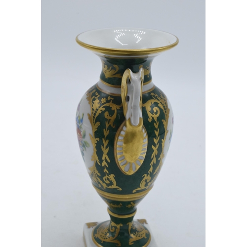 100 - Le Tallec twin-handled pedestal vase with floral painted decoration with green and gilt borders 'Des... 