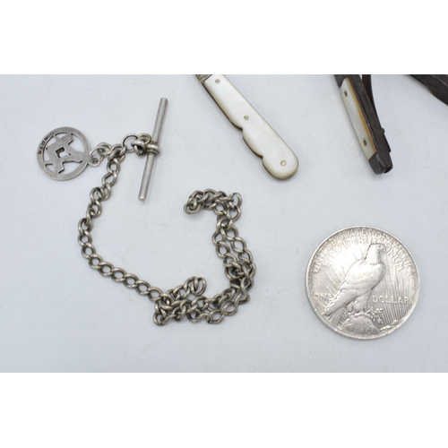 206 - A collection of silver items to include a silver Albert chain and hallmarked silver fob, silver 1922... 