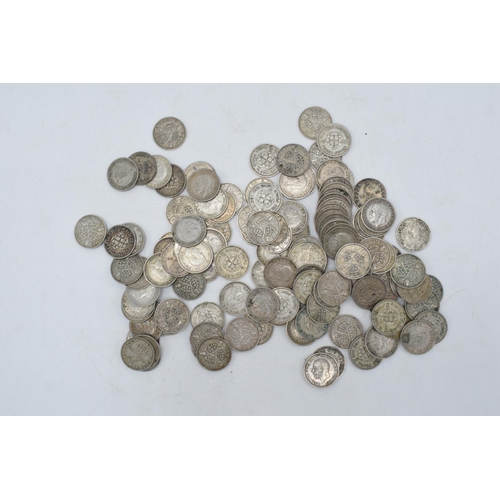 210 - A quantity of mainly 1920-1946 silver three pence pieces, approx 175 grams.