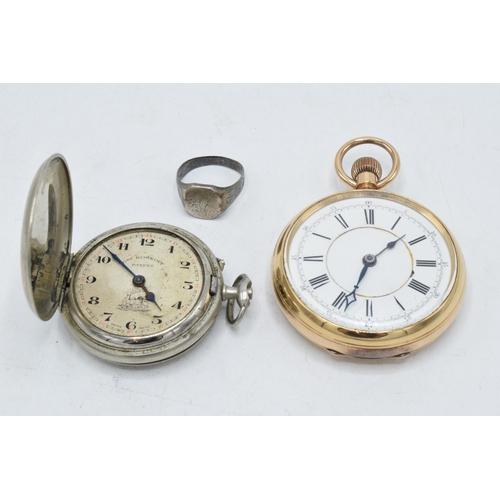 213 - A 14ct gold plated open-face pocket watch (dedication to inner back), untested, together with a Gre ... 