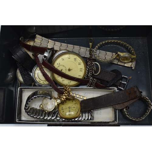 216 - A vintage black metal tin to include watches and time pieces such as an Ingersoll pocket watch, Smit... 