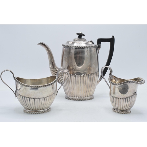 220 - Three-piece silver plated coffee set with ribbed decoration, Made in Sheffield (3).