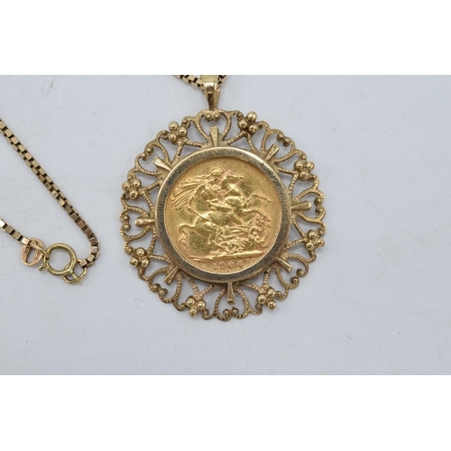 239 - Edward VII 22ct gold Full Sovereign 1906 with 9ct gold ornate mount and chain, total weight 21.0 gra... 