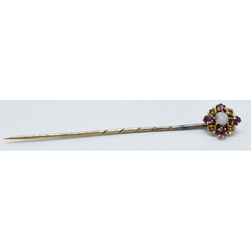 241A - 9ct gold mount opal and garnet stick pin with base metal pin, 6cm long.