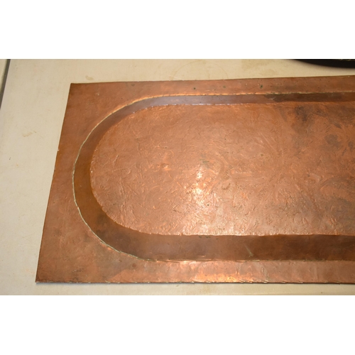 254 - An early 20th century heavy rectangular copper platter / tray with engraved decoration, thought to b... 