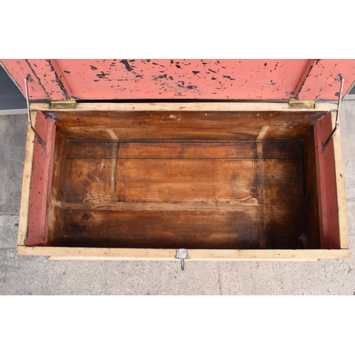 268 - A stripped pine blanket box with later industrial handles, 80 x 41 x 31cm tall.