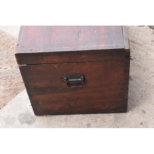 269 - A late 19th / early 20th century stained pine blanket box with metal fixings, 77 x 50 x 46cm tall.