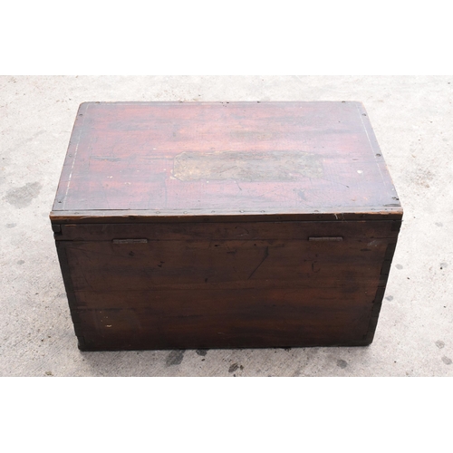 269 - A late 19th / early 20th century stained pine blanket box with metal fixings, 77 x 50 x 46cm tall.