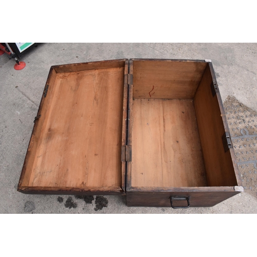 269 - A late 19th / early 20th century stained pine blanket box with metal fixings, 77 x 50 x 46cm tall.