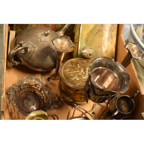 271 - A mixed collection of metalware to include silver plated table centre piece, vintage tins and other ... 