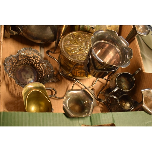 271 - A mixed collection of metalware to include silver plated table centre piece, vintage tins and other ... 