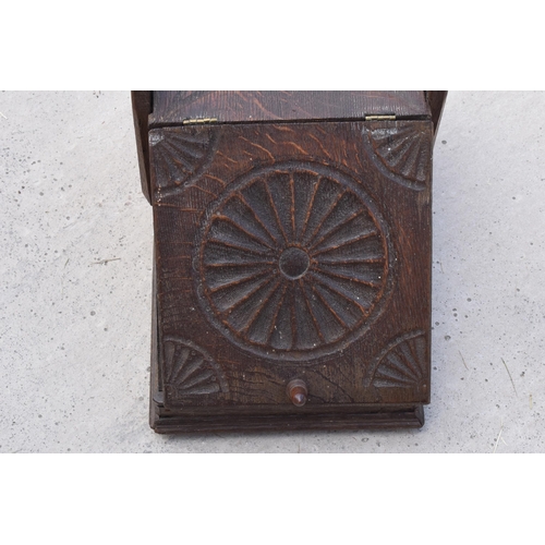 283 - Victorian wooden coal scuttle with brass handle and brass shovel with carved decoration '1888' to th... 