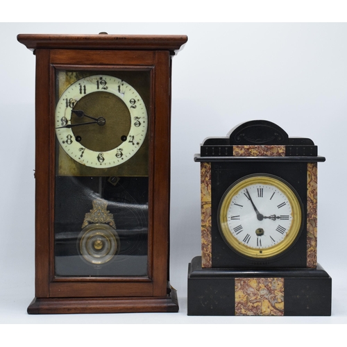 306 - A vintage American wooden cased wall clock together with an early 20th century slate mantle clock (2... 