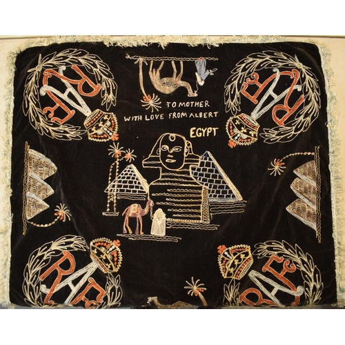 320 - Interesting World War 2 (WW2) embroidered rug 'To Mother With Love From Albert Egypt' with RAF logos... 