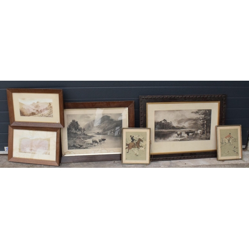 325 - A collection of 6 framed artworks to include hunting related items and similar, 96 x 71cm largest in... 