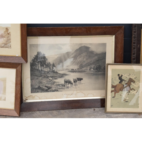 325 - A collection of 6 framed artworks to include hunting related items and similar, 96 x 71cm largest in... 