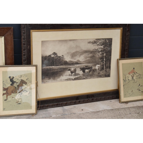 325 - A collection of 6 framed artworks to include hunting related items and similar, 96 x 71cm largest in... 