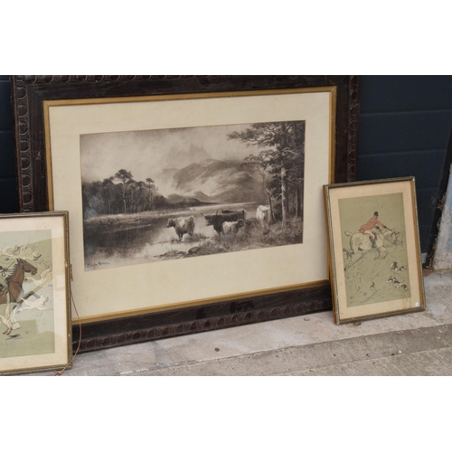 325 - A collection of 6 framed artworks to include hunting related items and similar, 96 x 71cm largest in... 