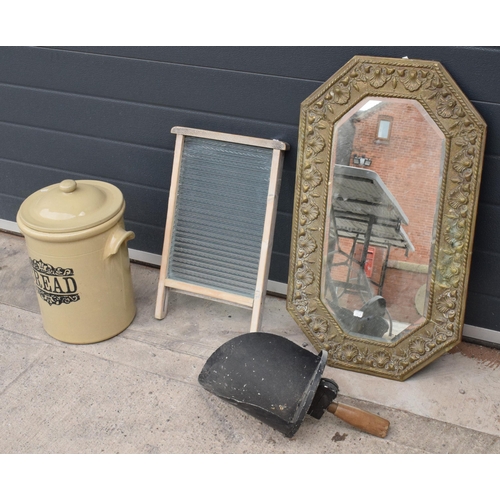 332 - A mixed collection of vintage items to include a large stoneware-style breadbin, a scoop, brass beve... 