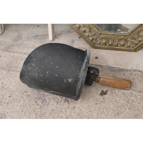 332 - A mixed collection of vintage items to include a large stoneware-style breadbin, a scoop, brass beve... 