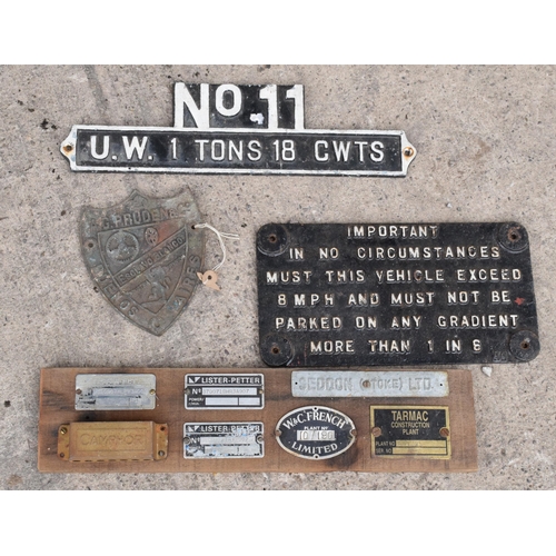 341 - A collection of vintage cast metal signs to include No. 11 U W 1 Tons 18 CWTS, engine sign 'In No Ci... 