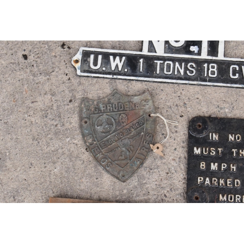 341 - A collection of vintage cast metal signs to include No. 11 U W 1 Tons 18 CWTS, engine sign 'In No Ci... 