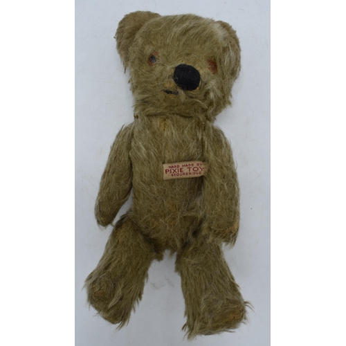 349 - Pixie Toys jointed teddy bear with glass eyes, 21cm tall.