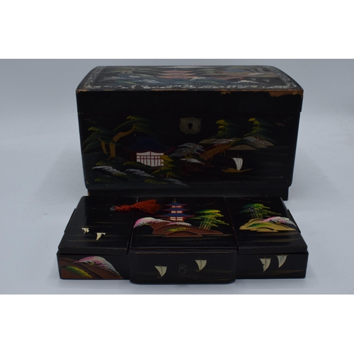 350 - A pair of vintage 20th century oriental lacquer-style jewellery boxes together with Royal Wedding so... 