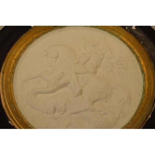 365 - A large framed plaster roundel of traditional scenes with gilt-detailed edge, 53cm diameter.