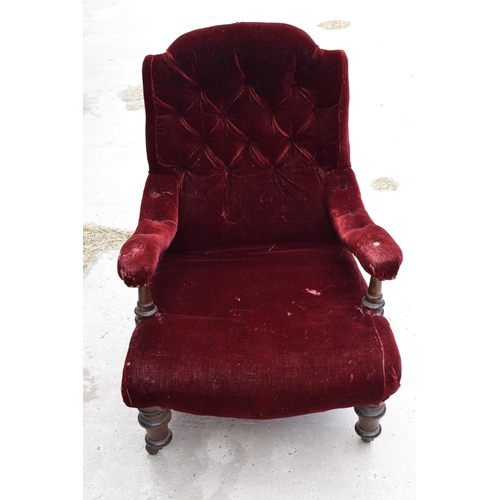 374 - 19th century upholstered mahogany button-back library-style chair, 94cm tall. In need of attention.